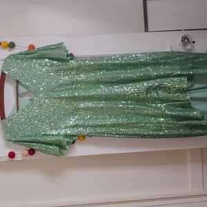 Southern Fried Chics green sequin high low dress with ruffles